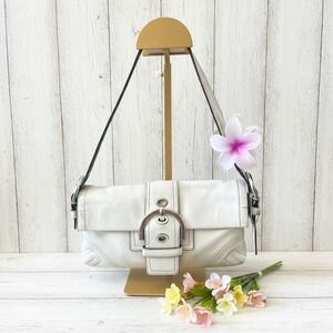 Coach White Leather Buckle Flap Shoulder Bag Silver Hardware Vintage Y2K